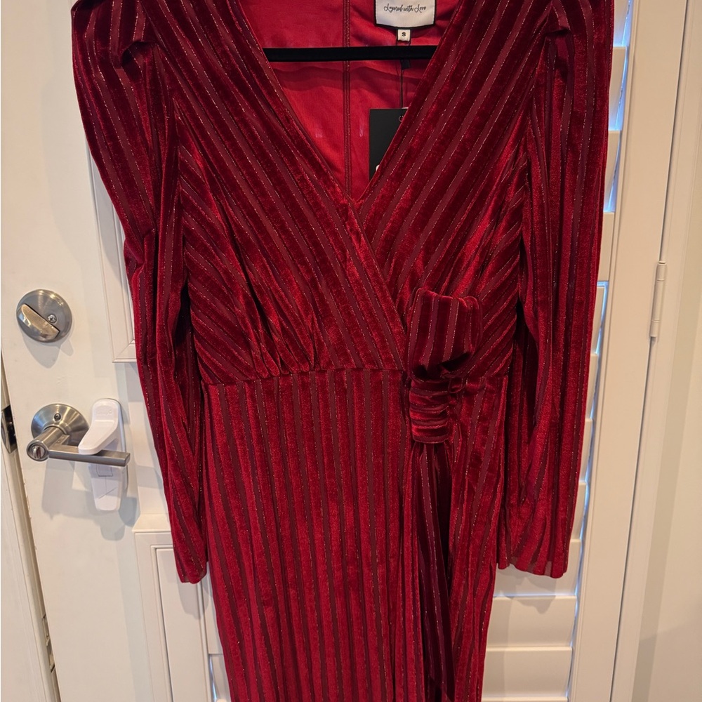 Chic Velvet Striped Long Sleeve Dress in Red